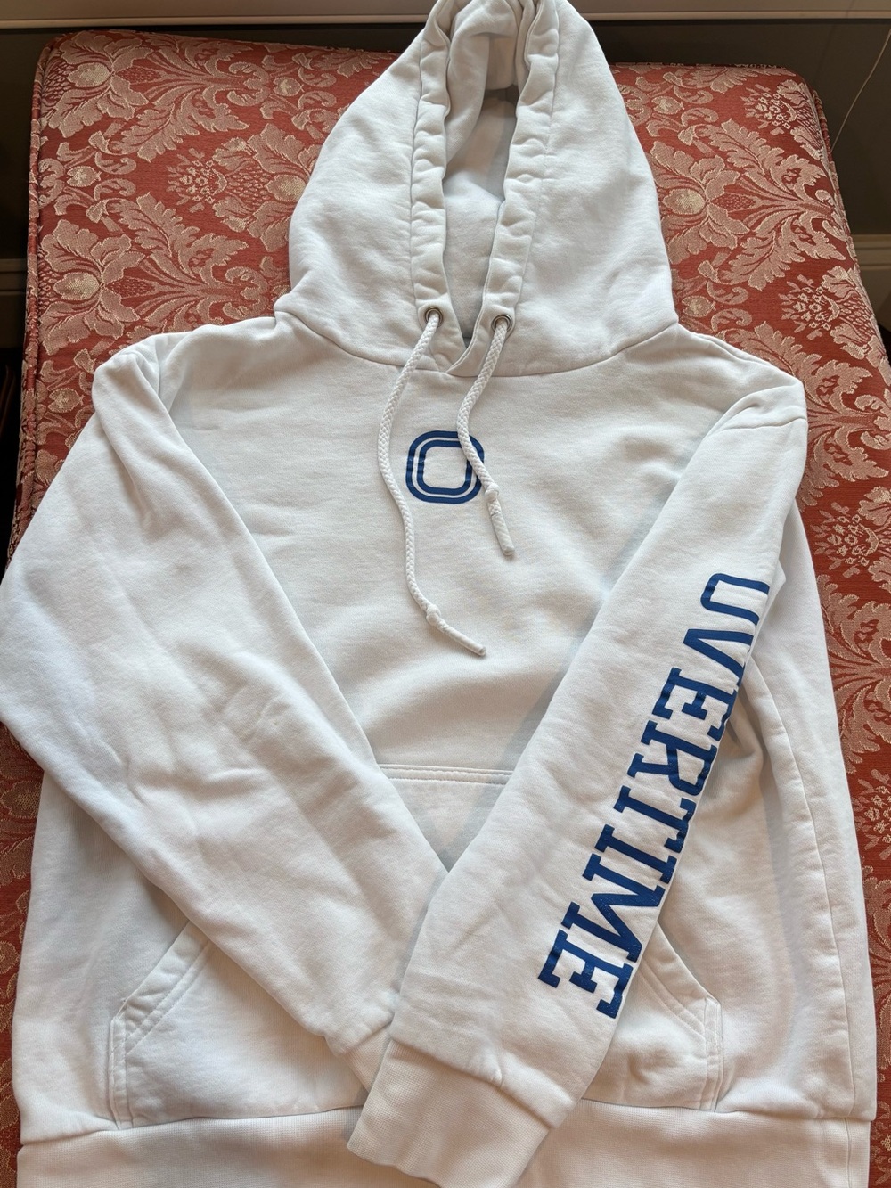 Overtime White Hoodie Sweatshirt with Blue Sleeve Logo